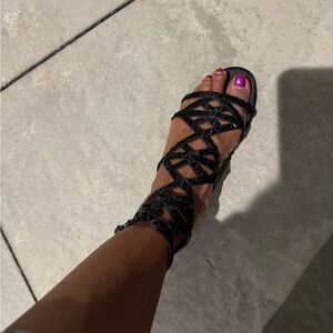 Dressy Black Flat Strappy Sandals